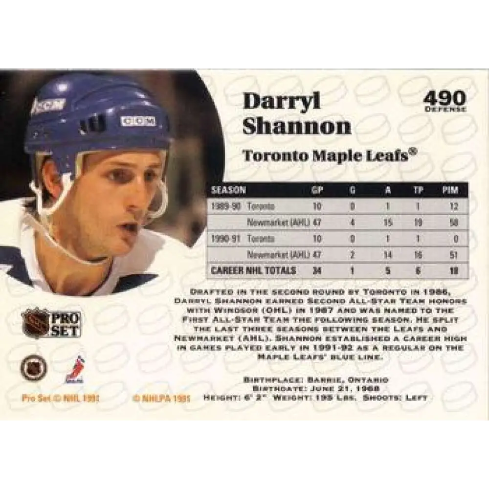 1991-92 Pro Set #490 Darryl Shannon NM-MT Toronto Maple Leafs Hockey Card Image 2