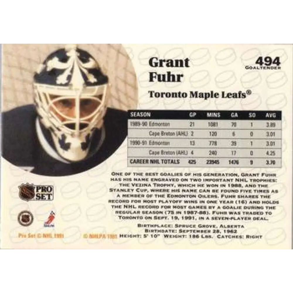1991-92 Pro Set #494 Grant Fuhr NM-MT Toronto Maple Leafs Hockey Card Image 2