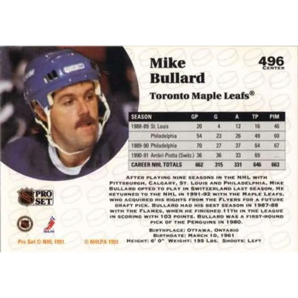 1991-92 Pro Set #496 Mike Bullard NM-MT Toronto Maple Leafs Hockey Card Image 2