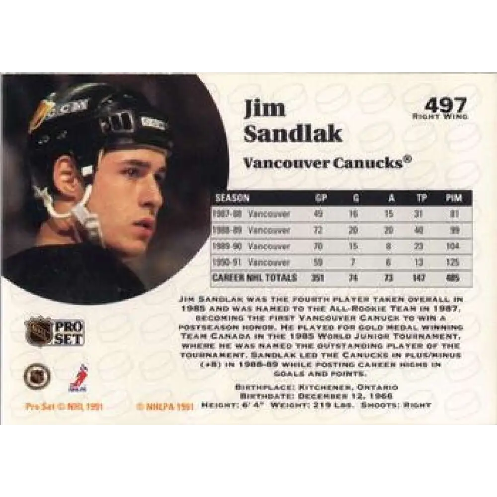 1991-92 Pro Set #497 Jim Sandlak NM-MT Vancouver Canucks Hockey Card Image 2