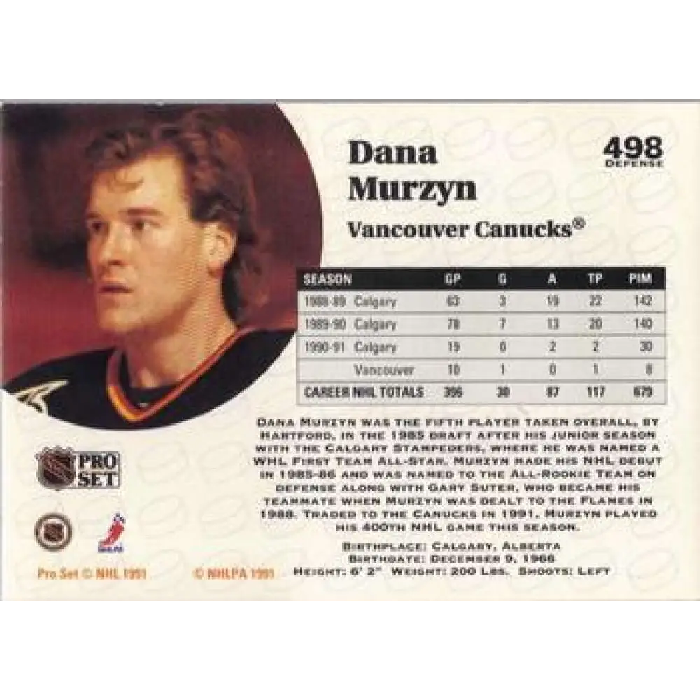 1991-92 Pro Set #498 Dana Murzyn NM-MT Vancouver Canucks Hockey Card Image 2