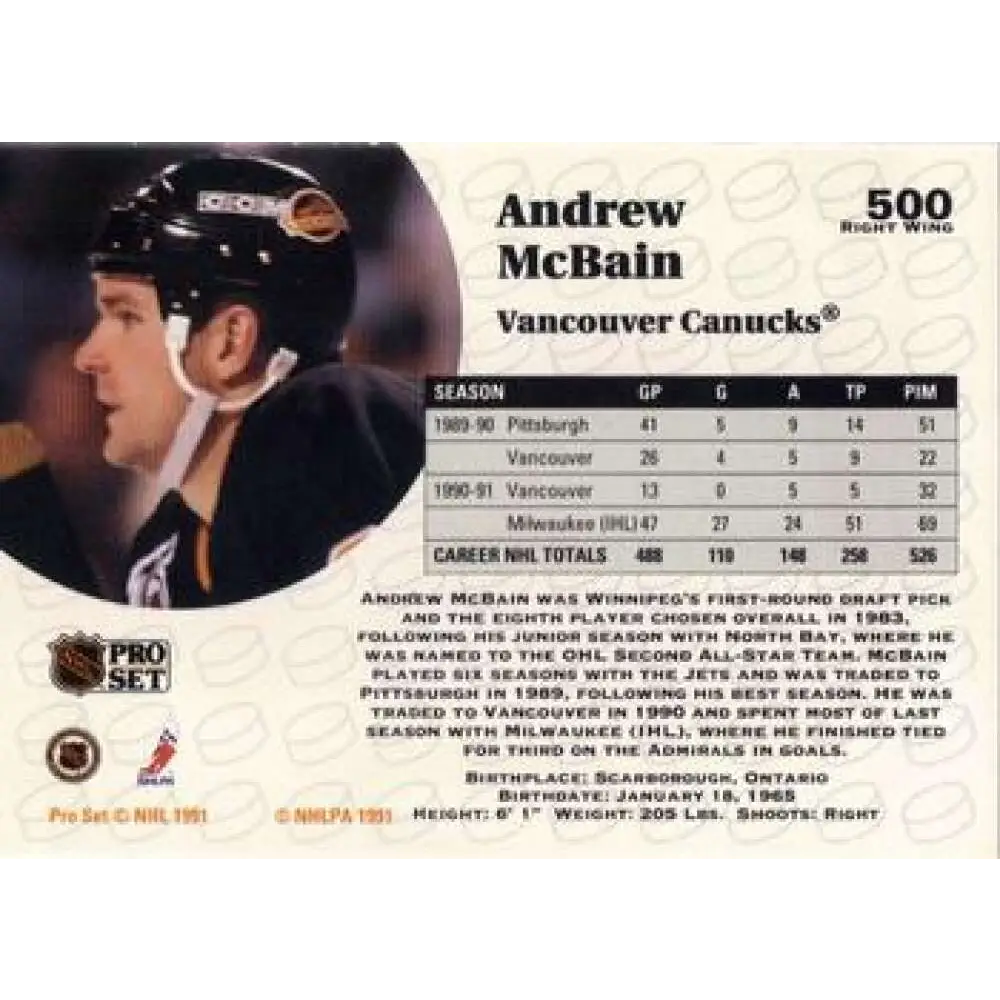 1991-92 Pro Set #500 Andrew McBain NM-MT Vancouver Canucks Hockey Card Image 2