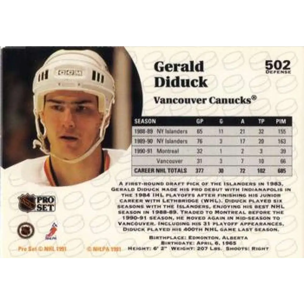 1991-92 Pro Set #502 Gerald Diduck NM-MT Vancouver Canucks Hockey Card Image 2
