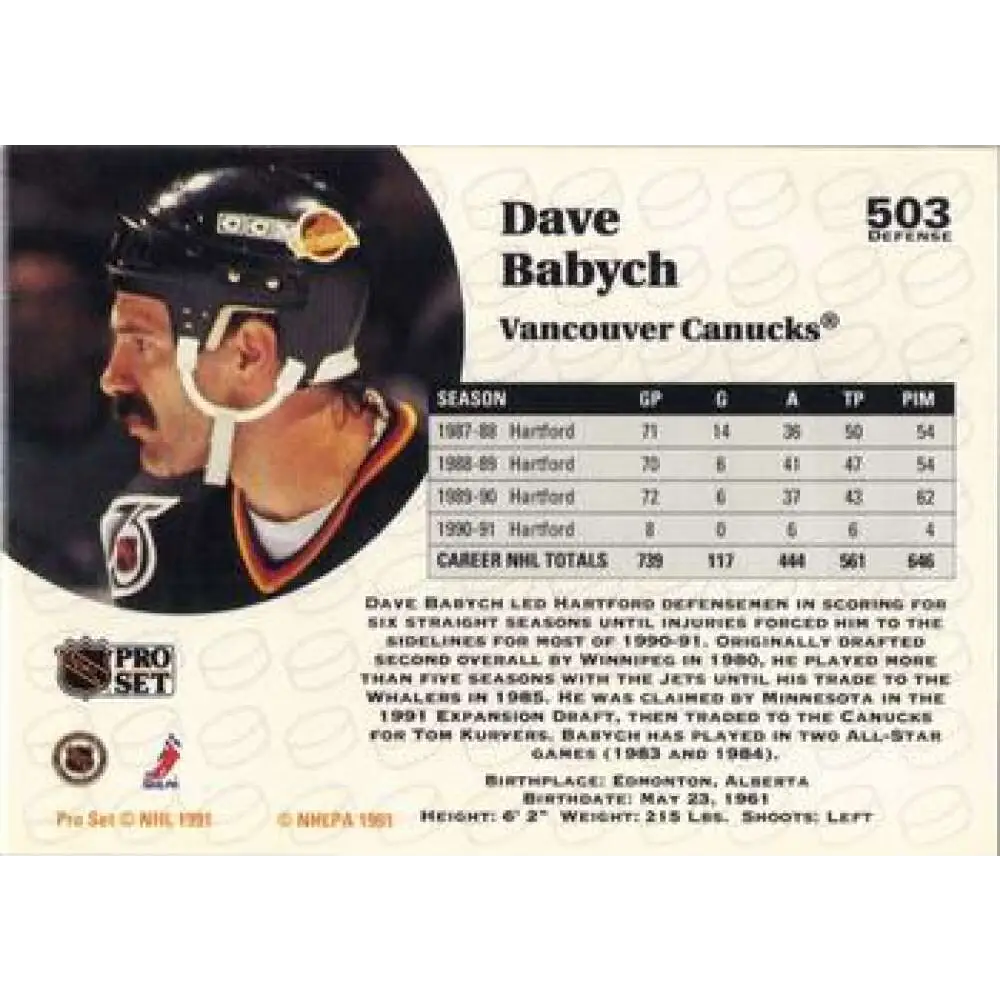 1991-92 Pro Set #503 Dave Babych NM-MT Vancouver Canucks Hockey Card Image 2