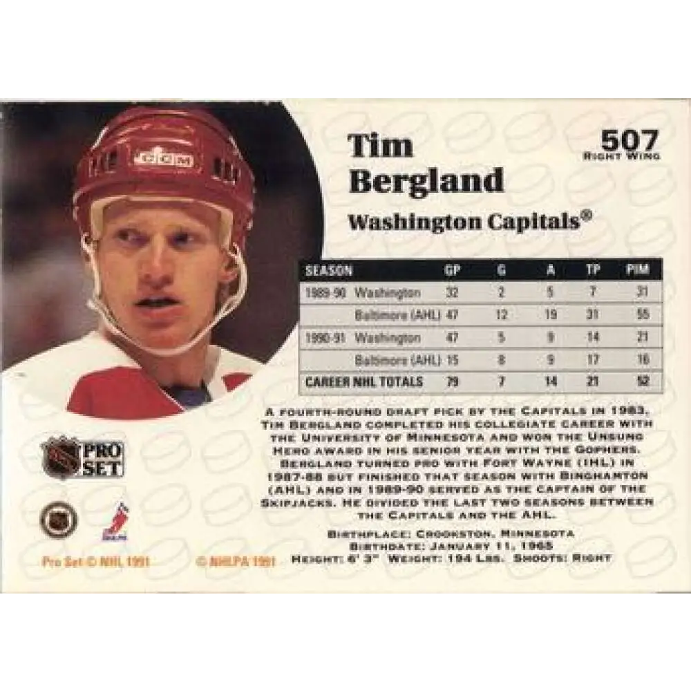 1991-92 Pro Set #507 Tim Bergland NM-MT Washington Capitals Hockey Card Image 2