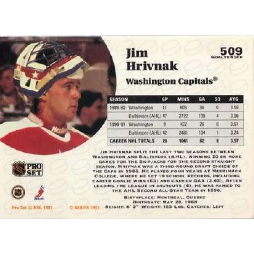 1991-92 Pro Set #509 Jim Hrivnak NM-MT Washington Capitals Hockey Card Image 2