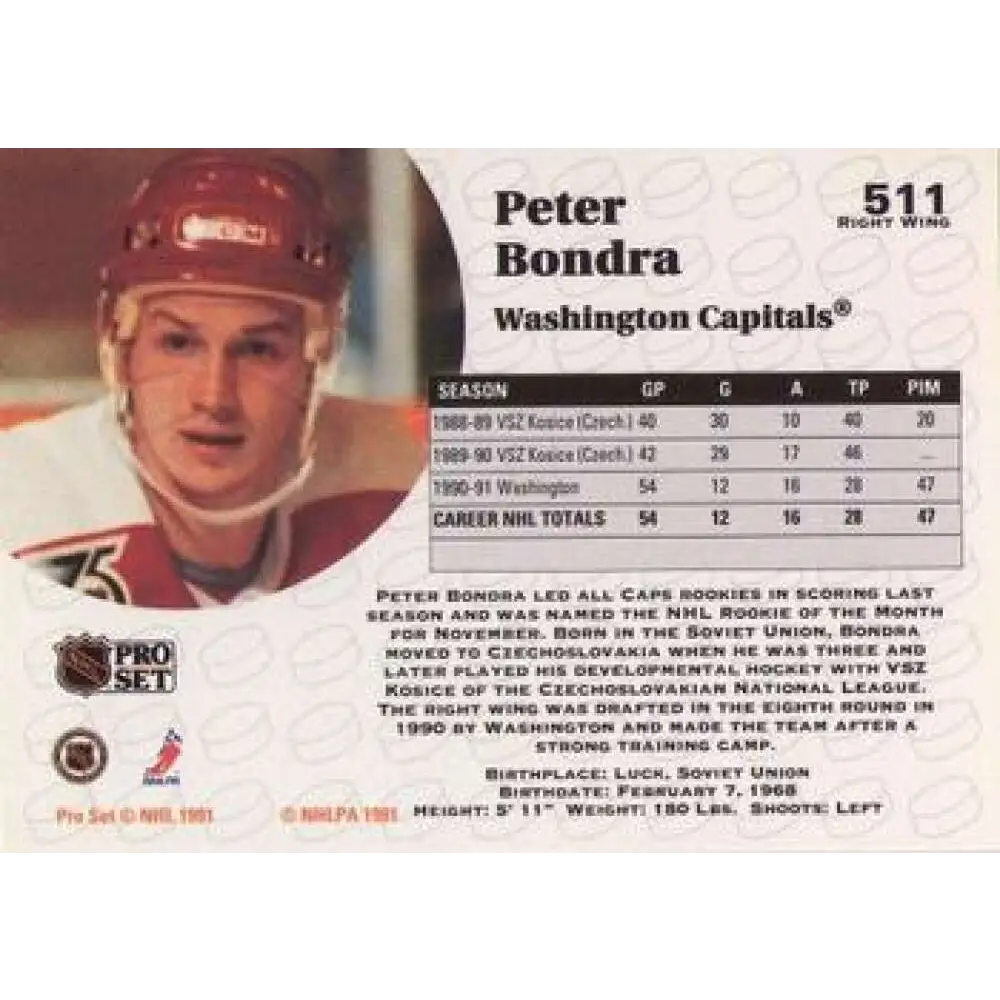 1991-92 Pro Set #511 Peter Bondra NM-MT Washington Capitals Hockey Card Image 2
