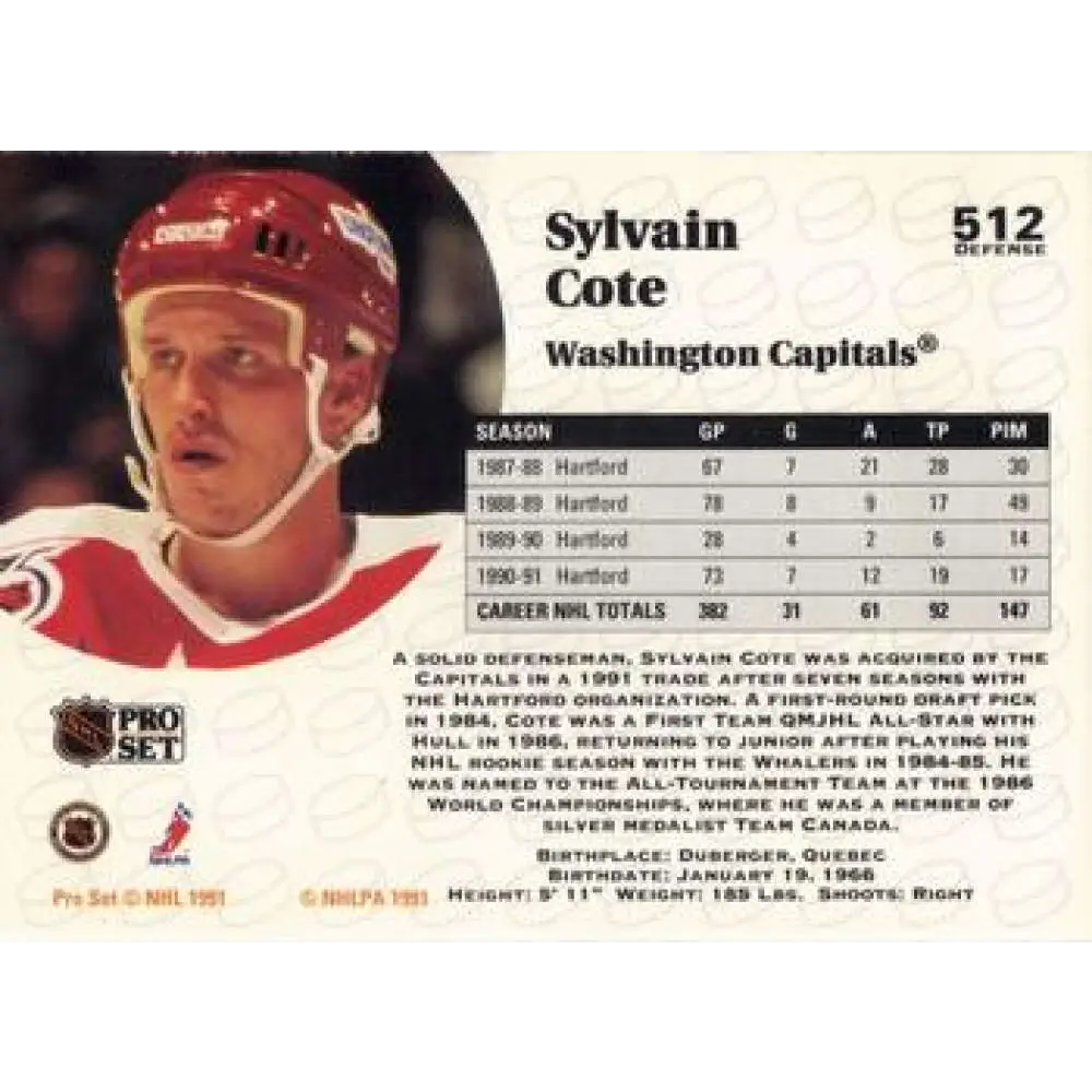 1991-92 Pro Set #512 Sylvain Cote NM-MT Washington Capitals Hockey Card Image 2