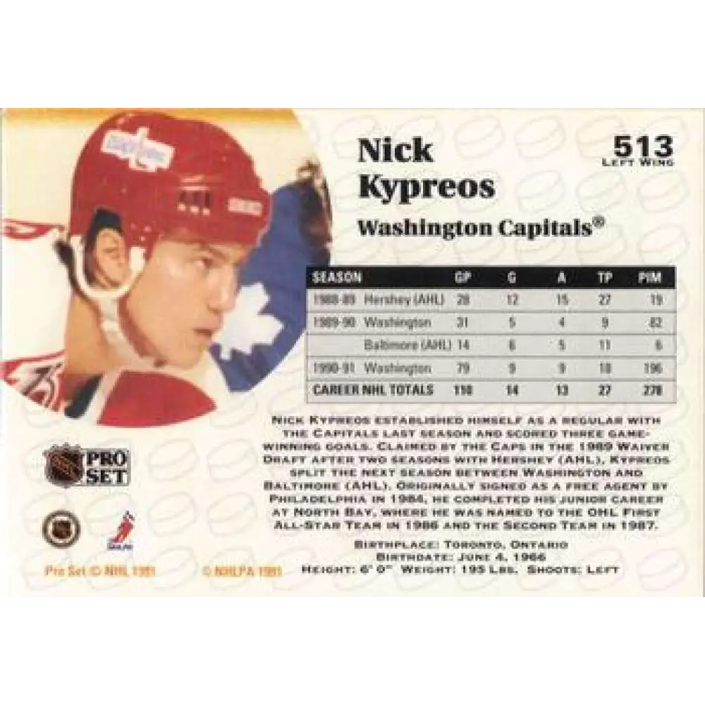 1991-92 Pro Set #513 Nick Kypreos NM-MT Washington Capitals Hockey Card Image 2