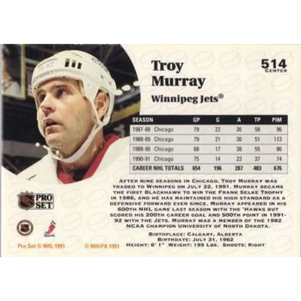 1991-92 Pro Set #514 Troy Murray NM-MT Winnipeg Jets Hockey Card Image 2