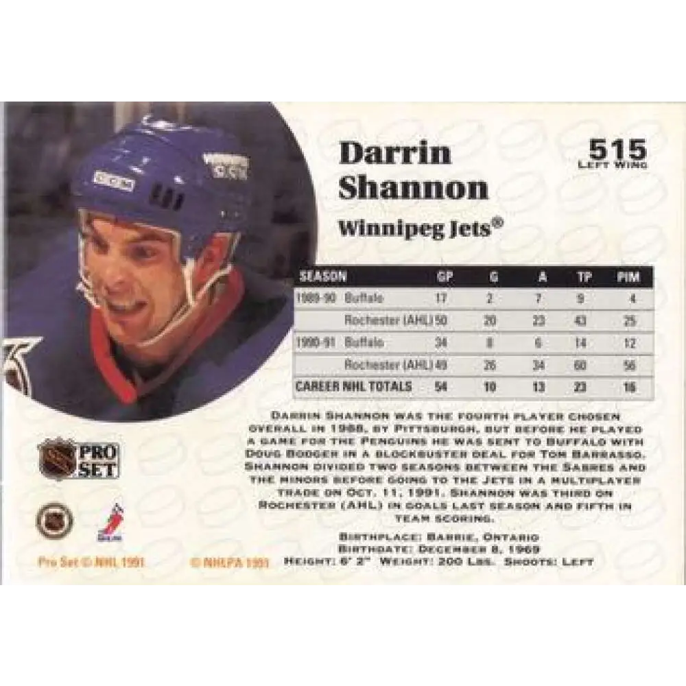 1991-92 Pro Set #515 Darrin Shannon NM-MT Winnipeg Jets Hockey Card Image 2