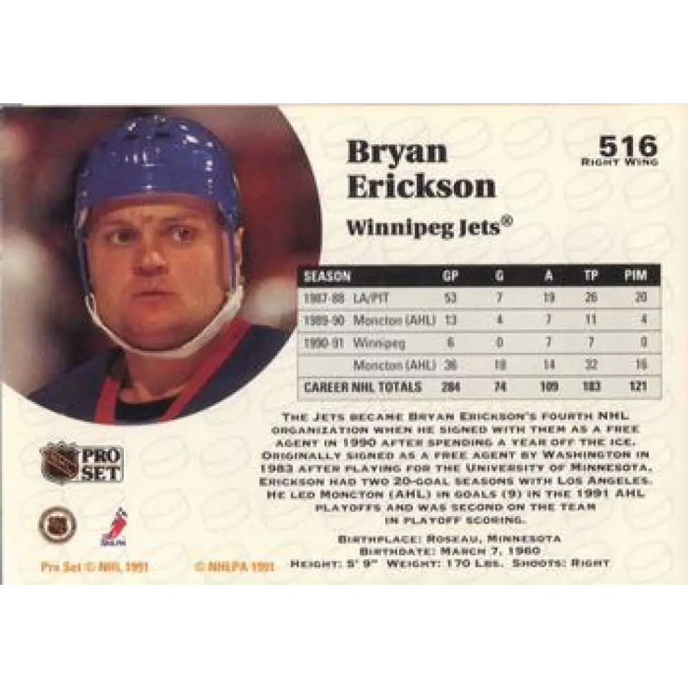1991-92 Pro Set #516 Bryan Erickson NM-MT Winnipeg Jets Hockey Card Image 2