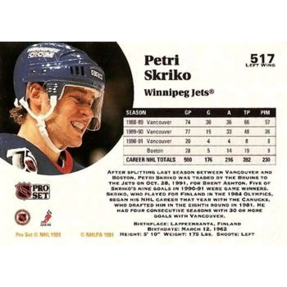 1991-92 Pro Set #517 Petri Skriko NM-MT Winnipeg Jets Hockey Card Image 2