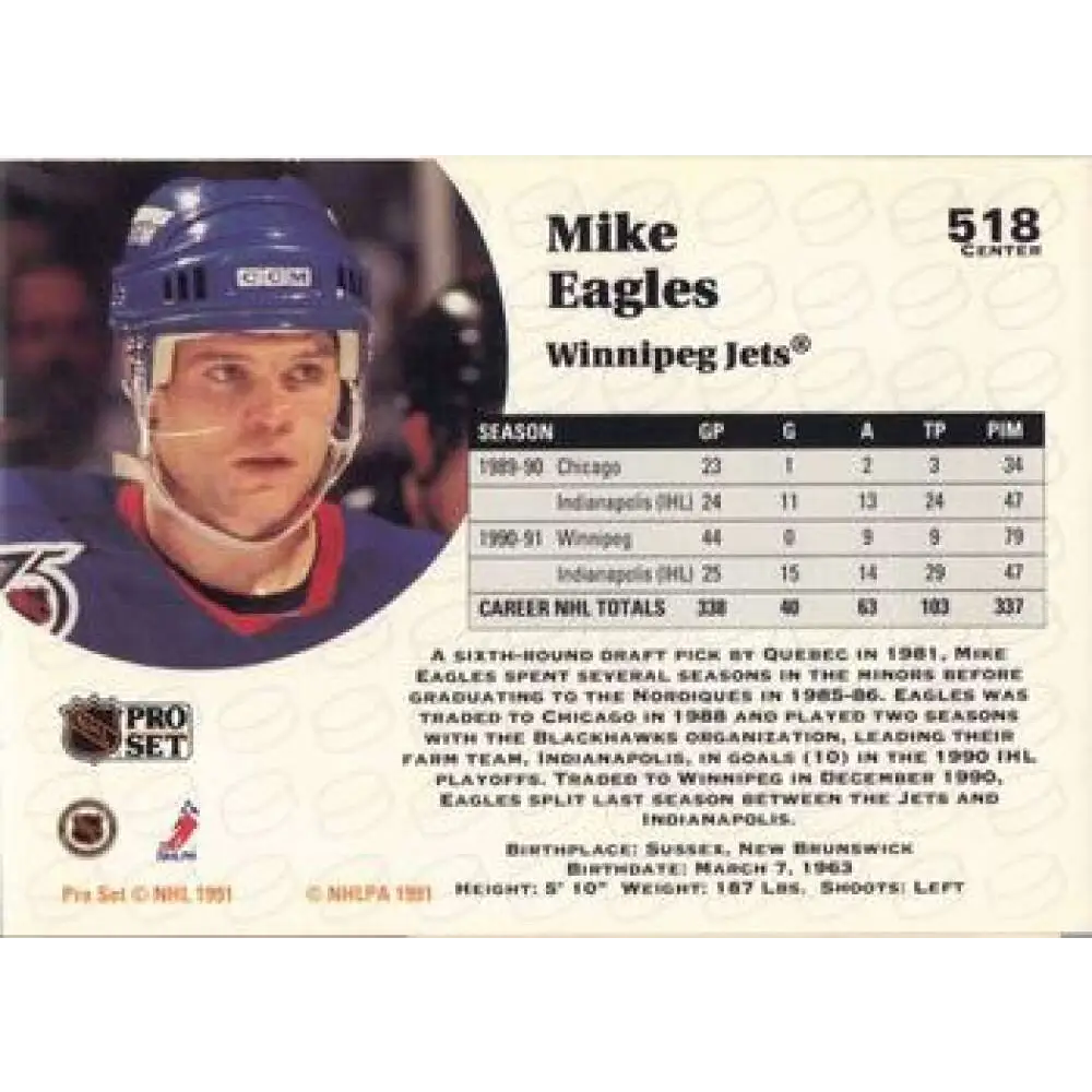 1991-92 Pro Set #518 Mike Eagles NM-MT Winnipeg Jets Hockey Card Image 2