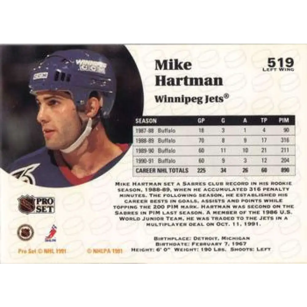 1991-92 Pro Set #519 Mike Hartman NM-MT Winnipeg Jets Hockey Card Image 2