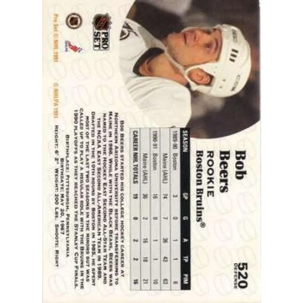 1991-92 Pro Set #520 Bob Beers NM-MT Boston Bruins Hockey Card Image 2
