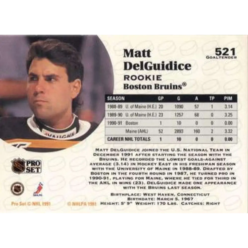 1991-92 Pro Set #521 Matt DelGuidice NM-MT Boston Bruins Hockey Card Image 2