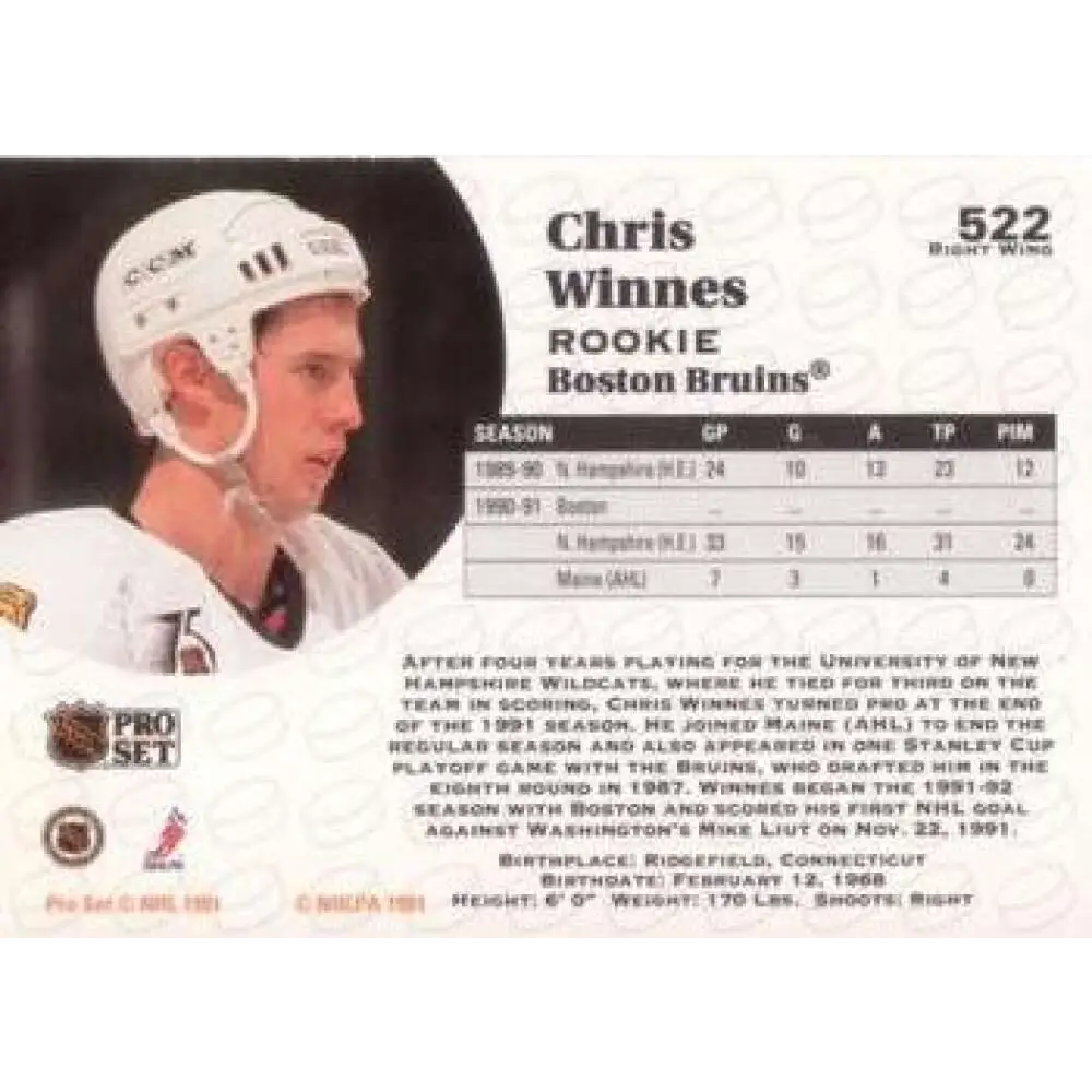1991-92 Pro Set #522 Chris Winnes NM-MT Boston Bruins Hockey Card Image 2