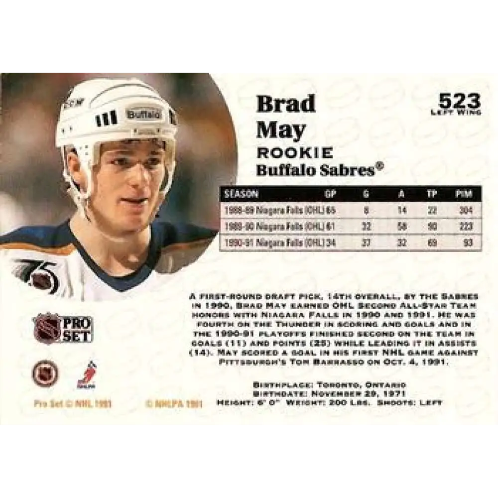 1991-92 Pro Set #523 Brad May NM-MT Buffalo Sabres Hockey Card Image 2