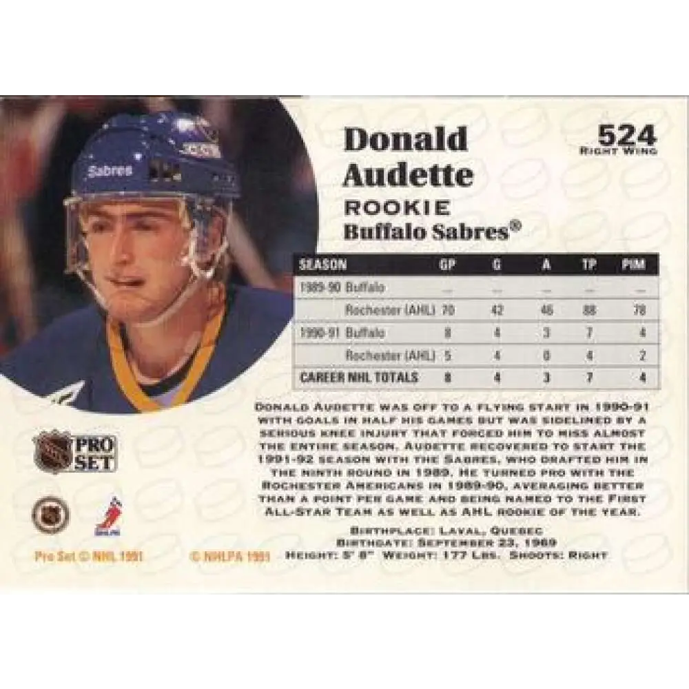 1991-92 Pro Set #524 Donald Audette NM-MT Buffalo Sabres Hockey Card Image 2