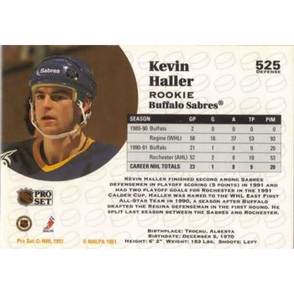 1991-92 Pro Set #525 Kevin Haller NM-MT RC Rookie Buffalo Sabres Hockey Card Image 2