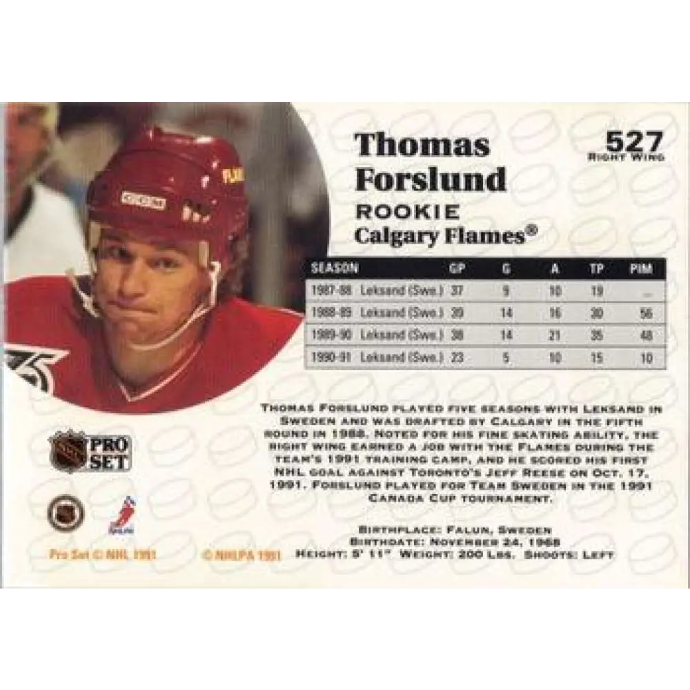1991-92 Pro Set #527 Tomas Forslund NM-MT RC Rookie Calgary Flames Hockey Card Image 2
