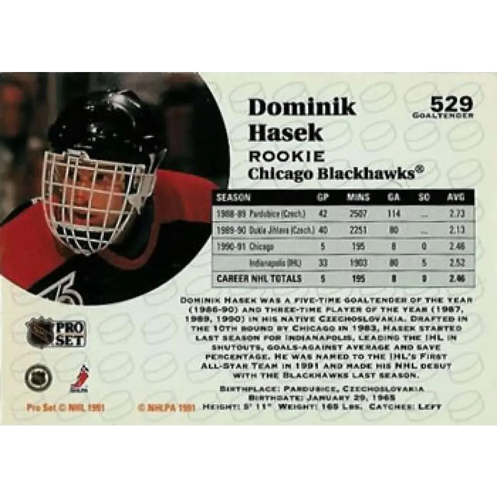 1991-92 Pro Set #529 Dominik Hasek NM-MT RC Rookie Chicago Blackhawks Hockey Card Image 2
