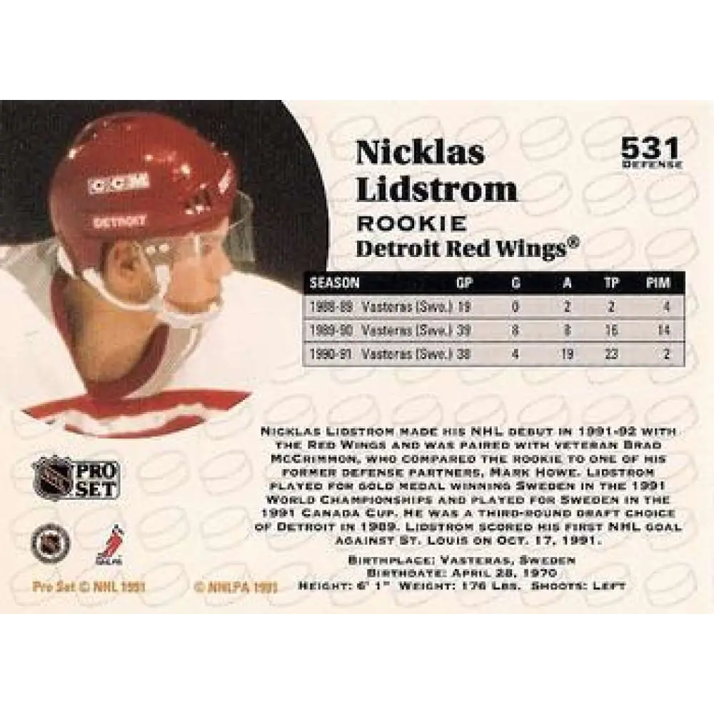 1991-92 Pro Set #531 Nicklas Lidstrom NM-MT RC Rookie Detroit Red Wings Hockey Card Image 2