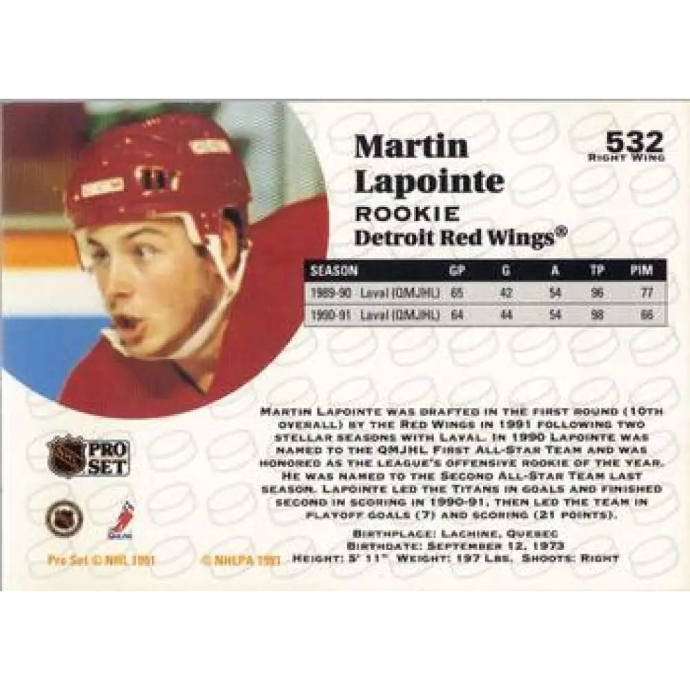 1991-92 Pro Set #532 Martin Lapointe NM-MT Detroit Red Wings Hockey Card Image 2