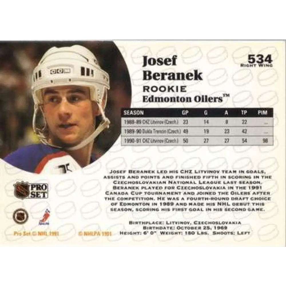 1991-92 Pro Set #534 Josef Beranek NM-MT RC Rookie Edmonton Oilers Hockey Card Image 2