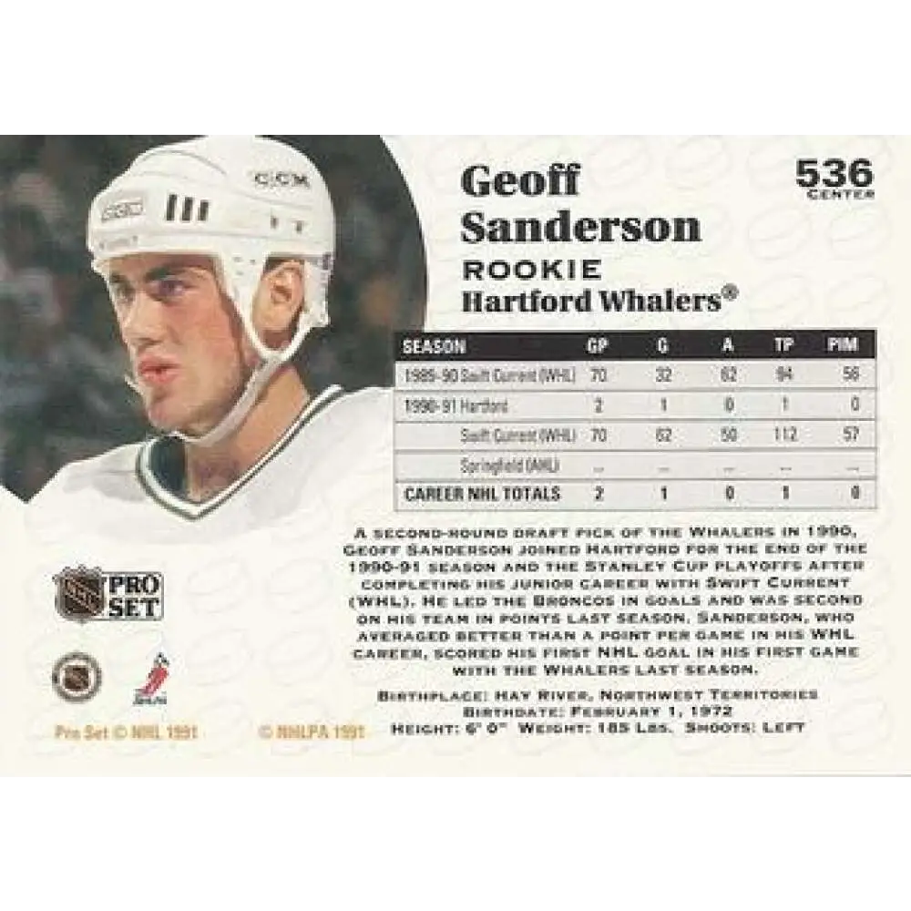 1991-92 Pro Set #536 Geoff Sanderson NM-MT RC Rookie Hartford Whalers Hockey Card Image 2