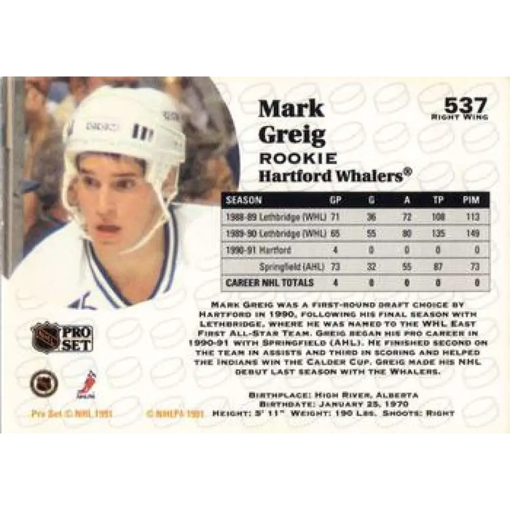 1991-92 Pro Set #537 Mark Greig NM-MT Hartford Whalers Hockey Card Image 2