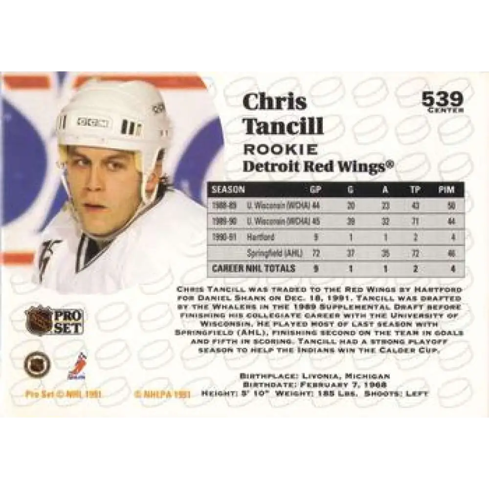 1991-92 Pro Set #539 Chris Tancill NM-MT RC Rookie Hartford Whalers Hockey Card Image 2