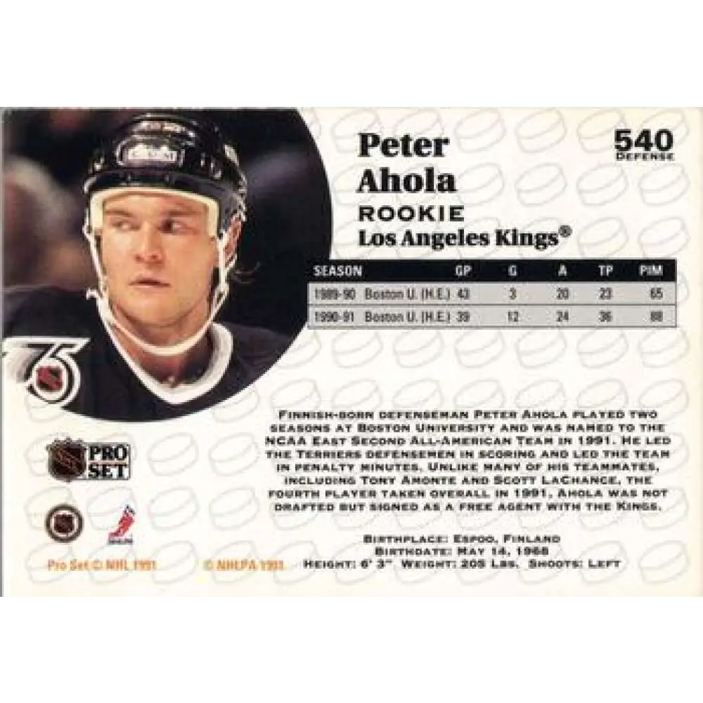 1991-92 Pro Set #540 Peter Ahola NM-MT RC Rookie Los Angeles Kings Hockey Card Image 2