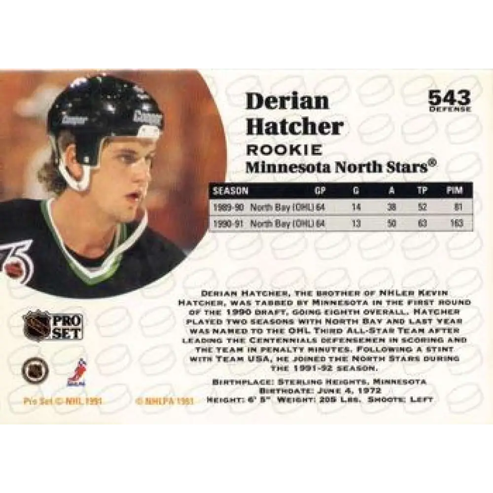 1991-92 Pro Set #543 Derian Hatcher NM-MT Minnesota North Stars Hockey Card Image 2