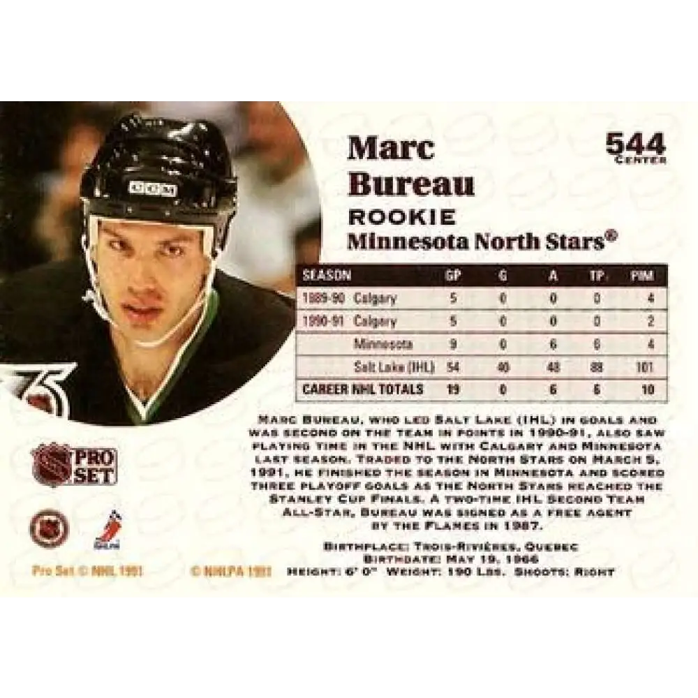 1991-92 Pro Set #544 Marc Bureau NM-MT Minnesota North Stars Hockey Card Image 2