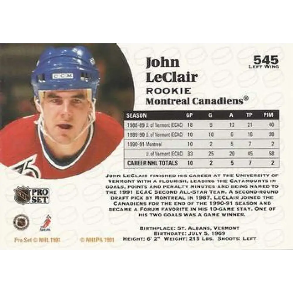 1991-92 Pro Set #545 John LeClair NM-MT RC Rookie Montreal Canadiens Hockey Card Image 2
