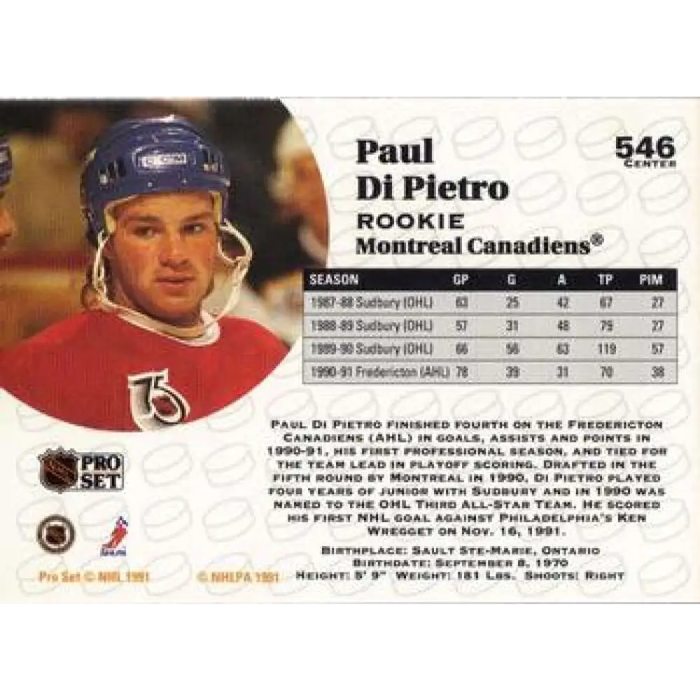 1991-92 Pro Set #546 Paul DiPietro NM-MT RC Rookie Montreal Canadiens Hockey Card Image 2