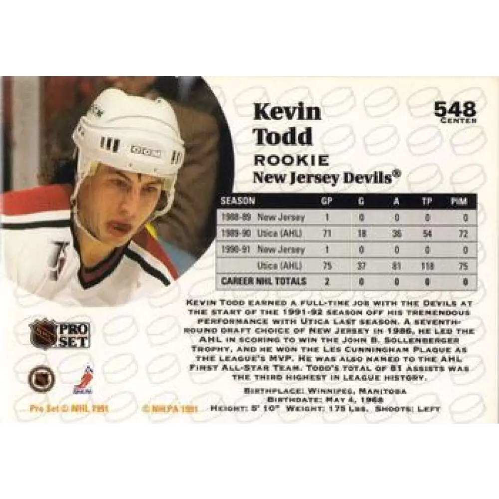 1991-92 Pro Set #548 Kevin Todd NM-MT RC Rookie New Jersey Devils Hockey Card Image 2