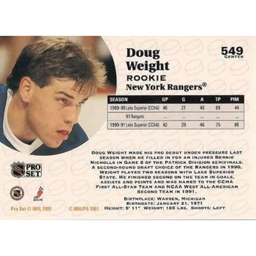 1991-92 Pro Set #549 Doug Weight NM-MT RC Rookie New York Rangers Hockey Card Image 2