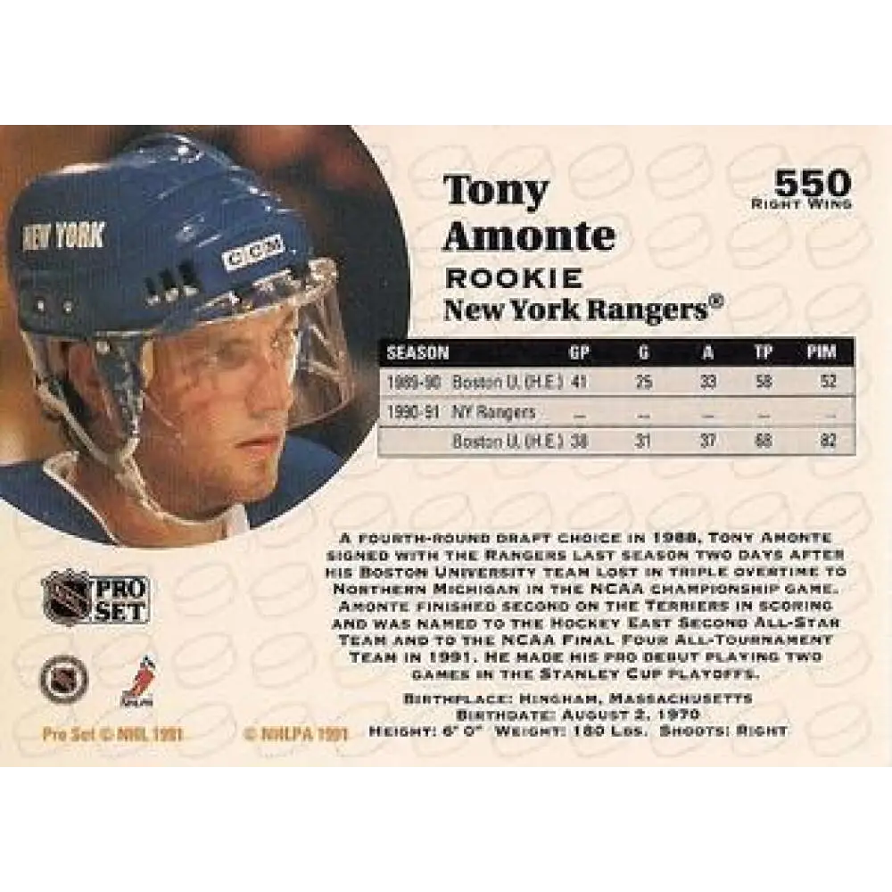 1991-92 Pro Set #550 Tony Amonte NM-MT RC Rookie New York Rangers Hockey Card Image 2