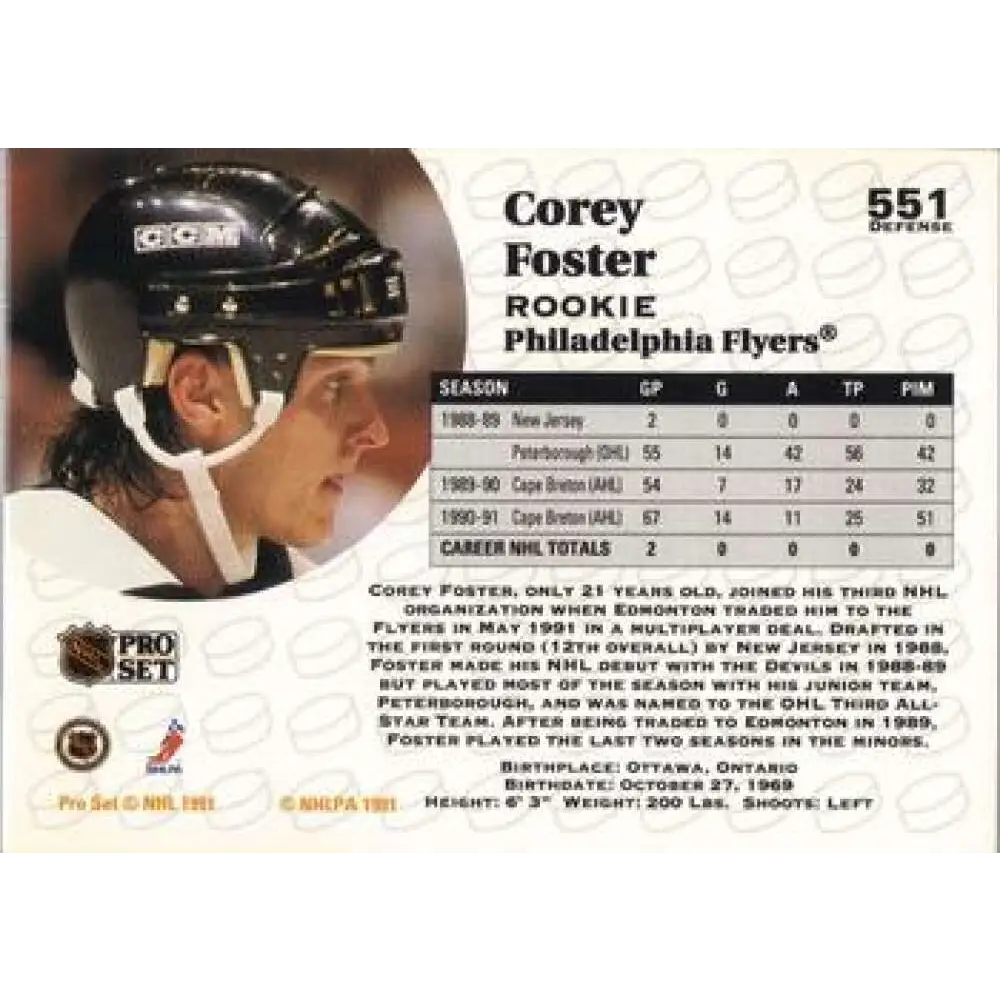 1991-92 Pro Set #551 Corey Foster NM-MT RC Rookie Philadelphia Flyers Hockey Card Image 2