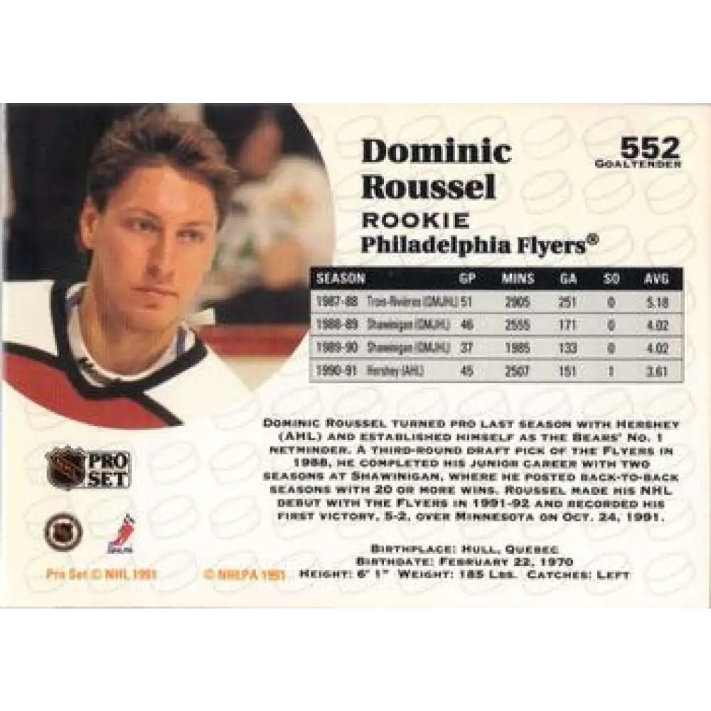 1991-92 Pro Set #552 Dominic Roussel NM-MT RC Rookie Philadelphia Flyers Hockey Card Image 2