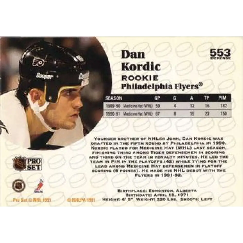 1991-92 Pro Set #553 Dan Kordic NM-MT RC Rookie Philadelphia Flyers Hockey Card Image 2