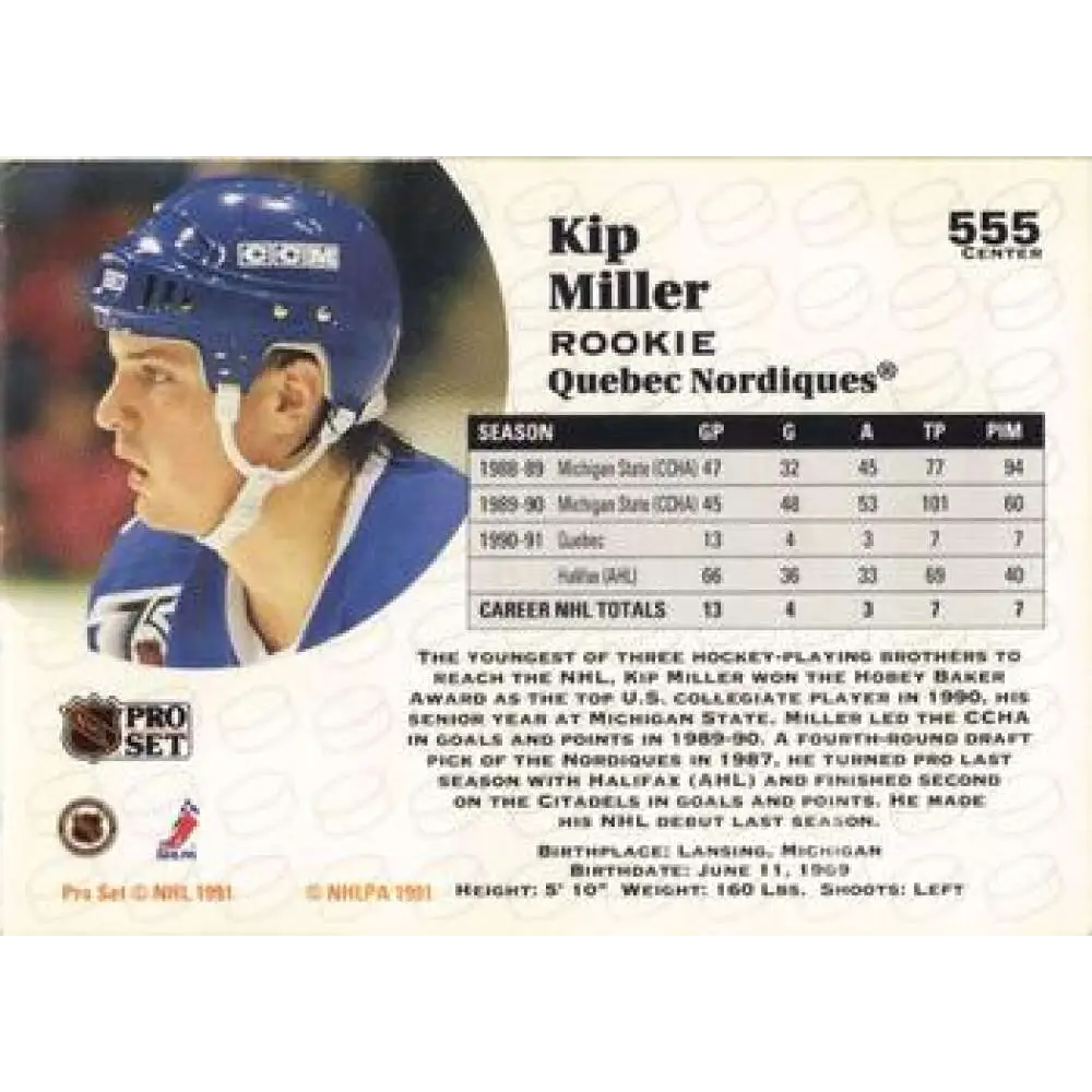 1991-92 Pro Set #555 Kip Miller NM-MT Quebec Nordiques Hockey Card Image 2