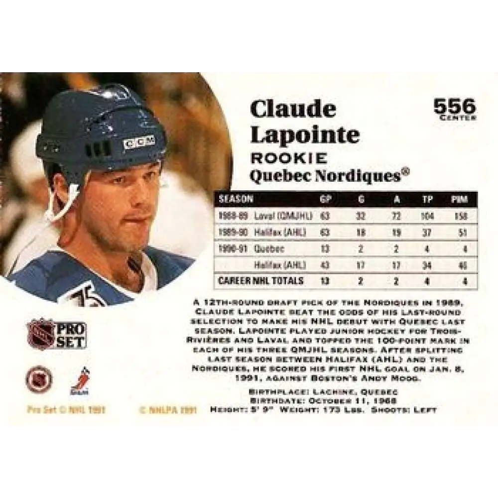 1991-92 Pro Set #556 Claude Lapointe NM-MT RC Rookie Quebec Nordiques Hockey Card Image 2