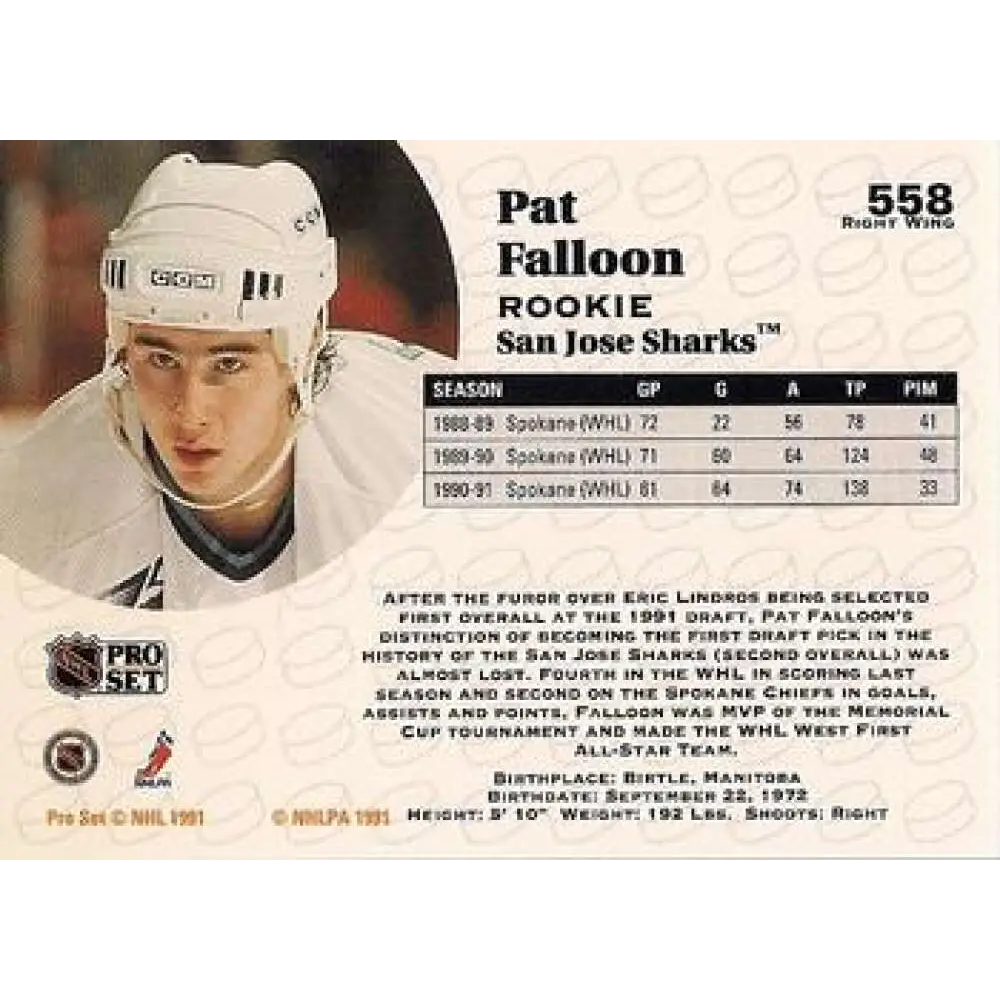 1991-92 Pro Set #558 Pat Falloon NM-MT San Jose Sharks Hockey Card Image 2