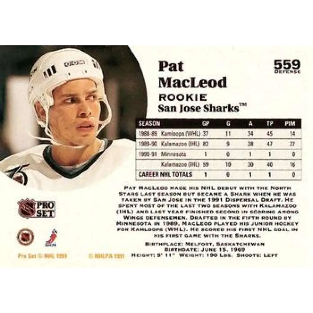 1991-92 Pro Set #559 Pat MacLeod NM-MT RC Rookie San Jose Sharks Hockey Card Image 2