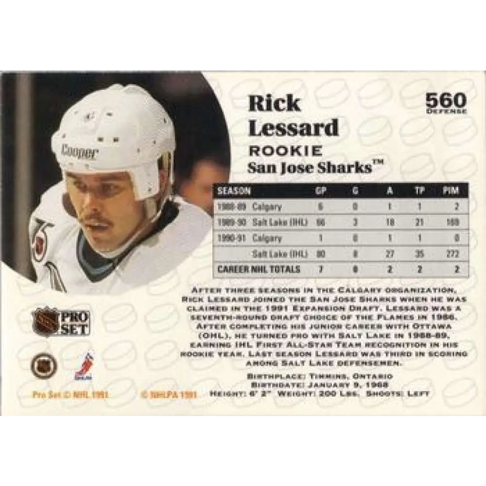 1991-92 Pro Set #560 Rick Lessard NM-MT San Jose Sharks Hockey Card Image 2