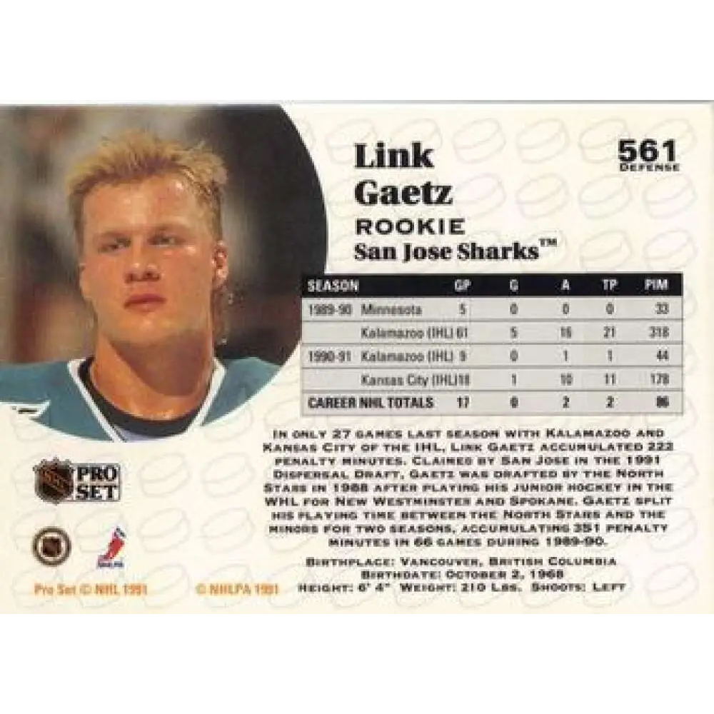 1991-92 Pro Set #561 Link Gaetz NM-MT San Jose Sharks Hockey Card Image 2